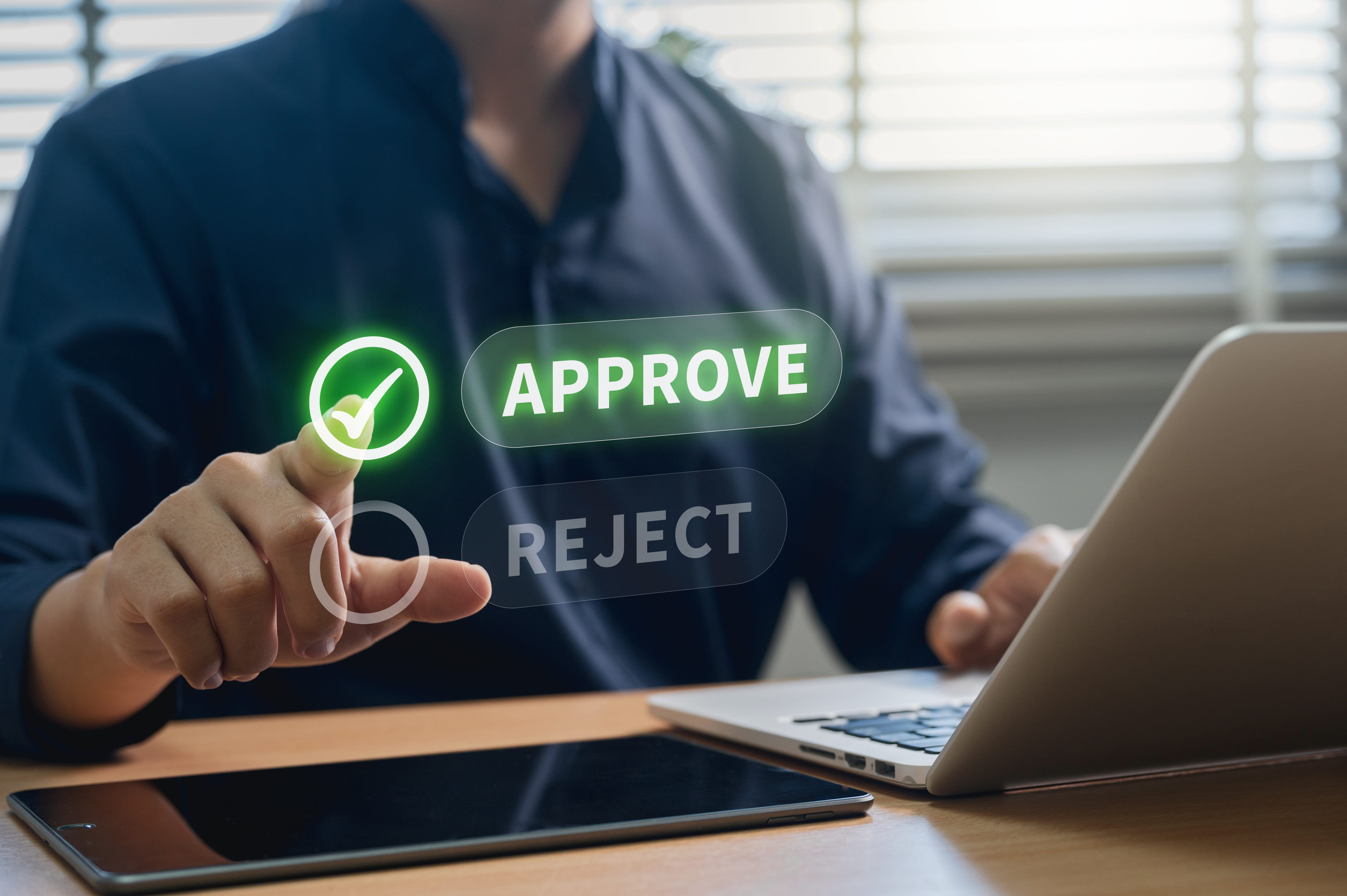 Businessman Making Digital Approve Interface in Modern Workspace, Highlighting Workflow Optimization, Decision Validation, and Efficient Corporate Process Control.