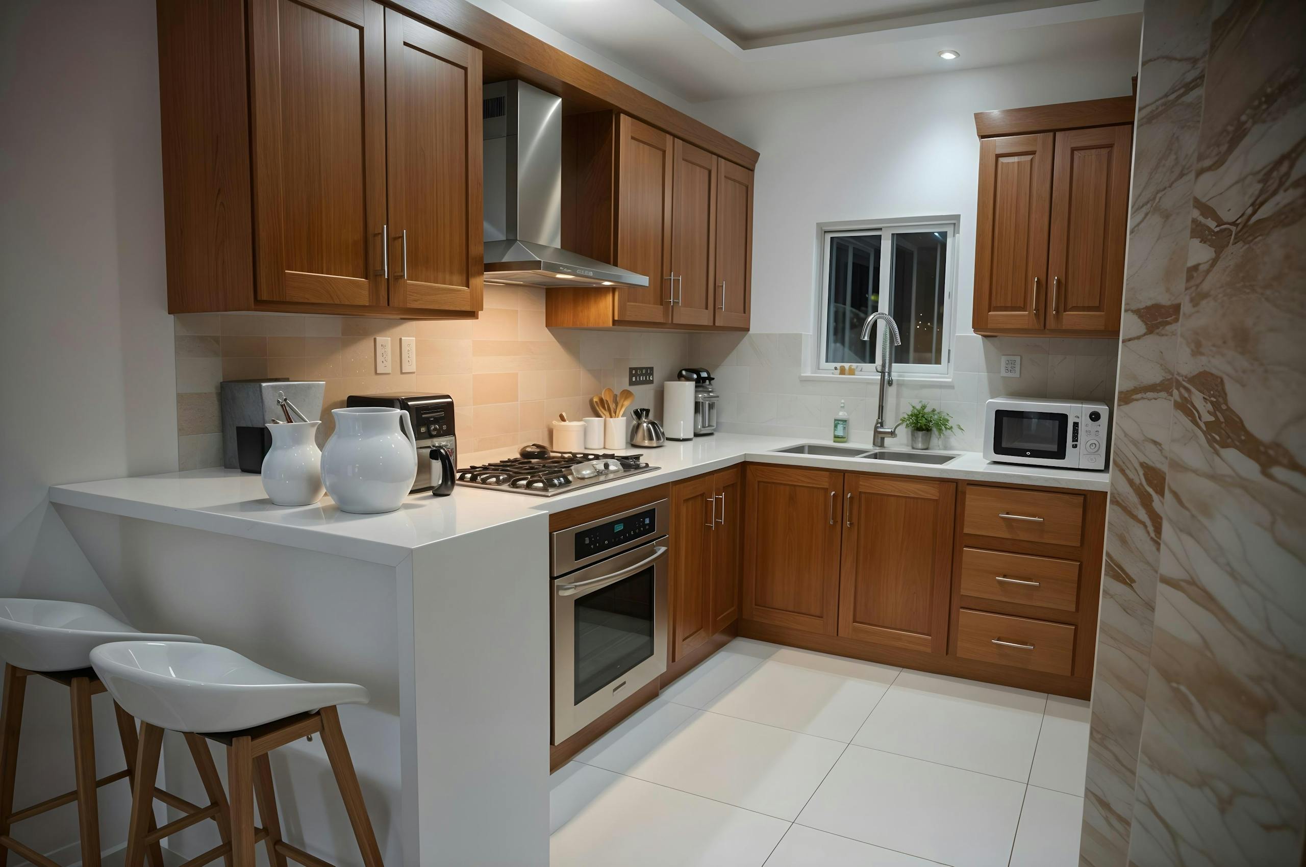 A clean and modern kitchen featuring wooden cabinets and stainless steel appliances.