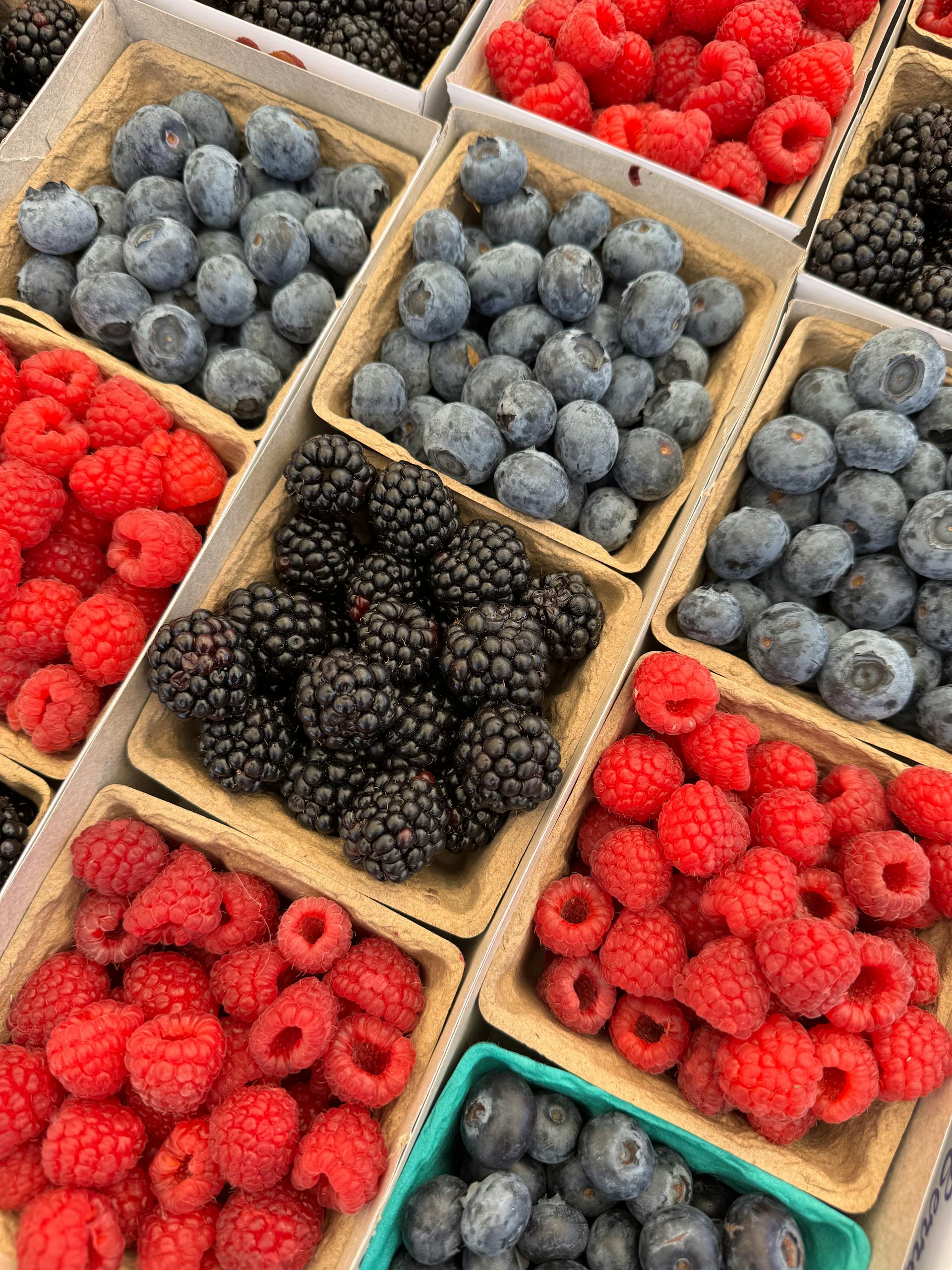 A vibrant display of assorted fresh berries in baskets at a farmers market.