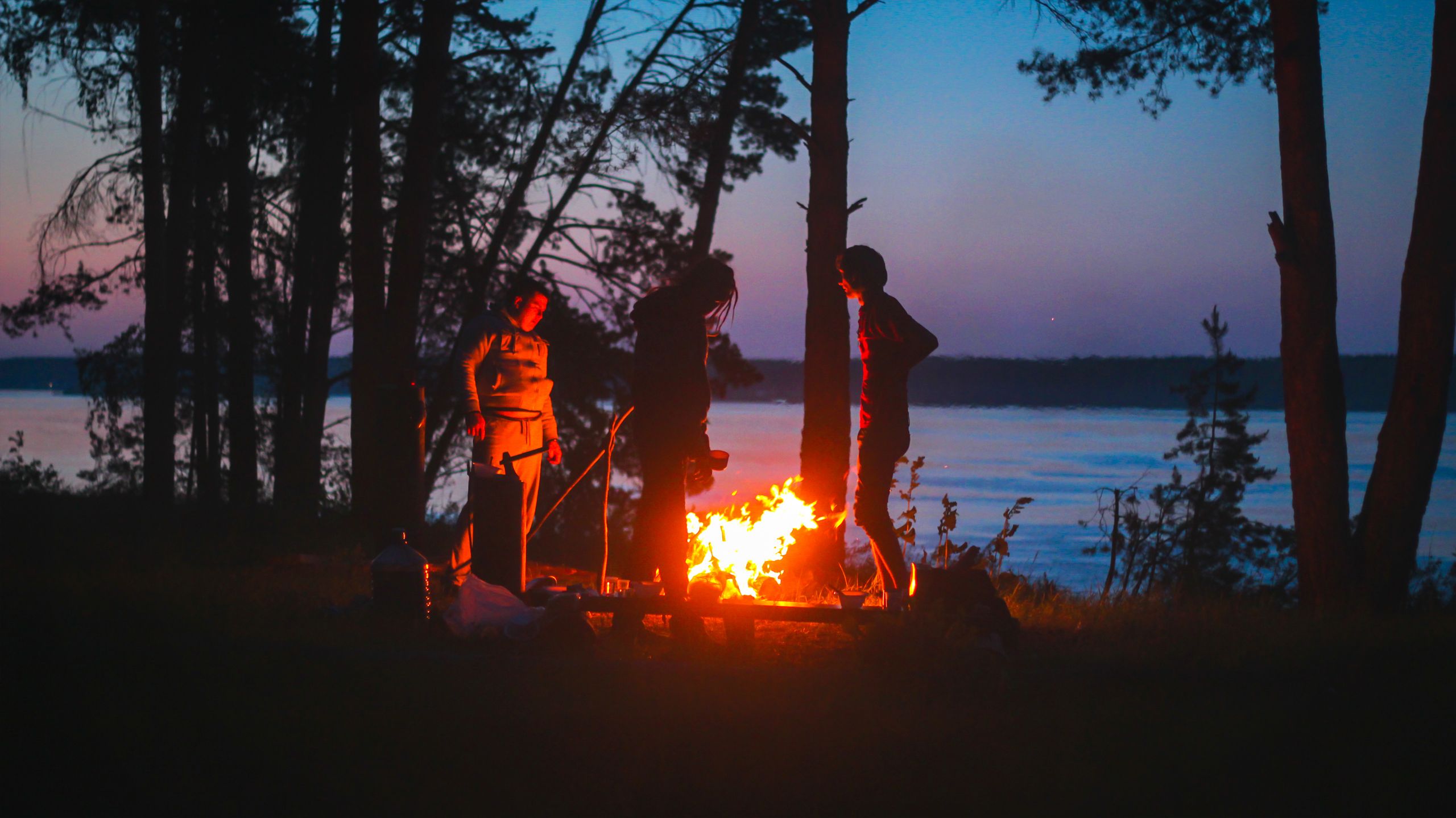 Silhouette of friends gathered around a campfire by a serene lake during twilight, capturing a moment of leisure.