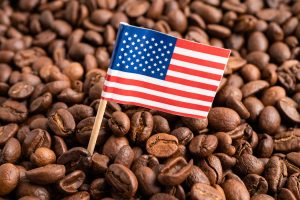 USA America flag on coffee bean, import export trade online commerce.
