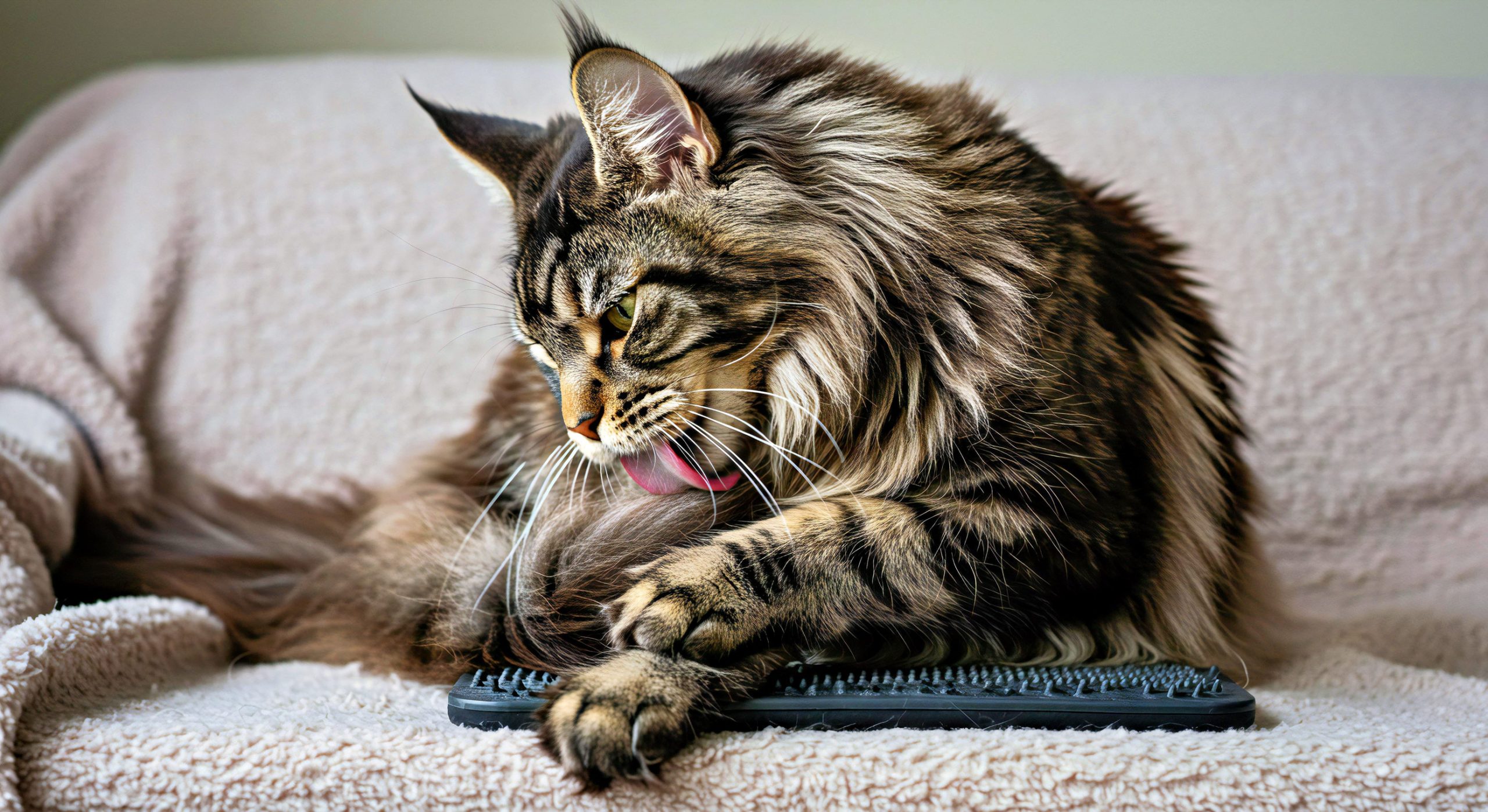 Maine coon cat lying on the couch and yawning.
