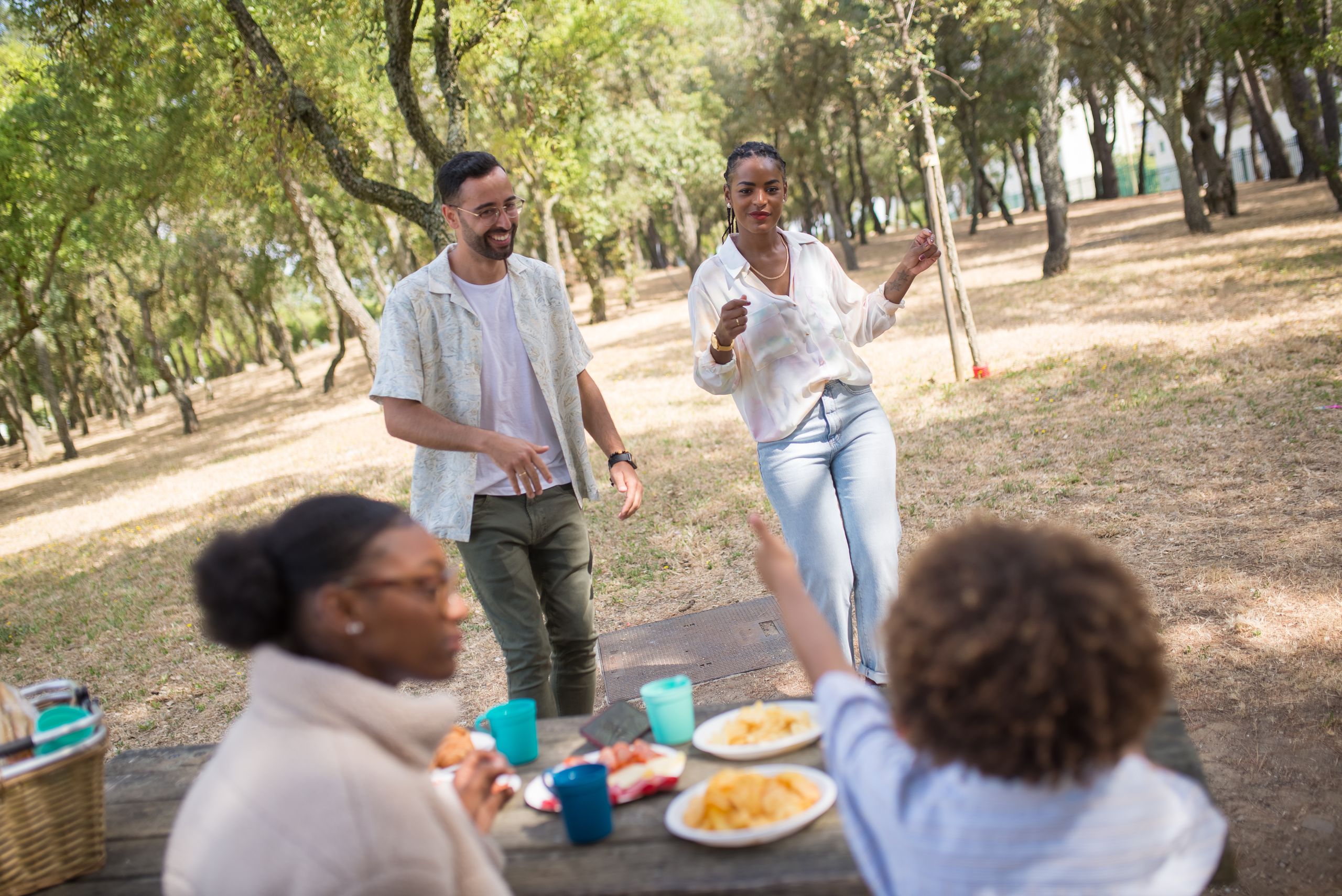 Group enjoying a lively picnic in a Portuguese park, with food and dance.